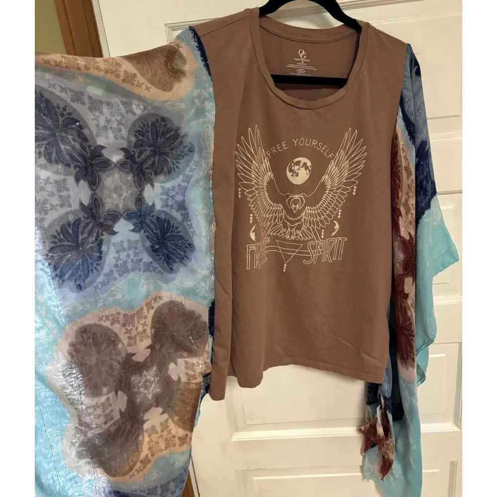 Upcycled Boho Kimono Sleeve Top Free Spirit Graphic Tee One Size Fits Most - Picture 1 of 4